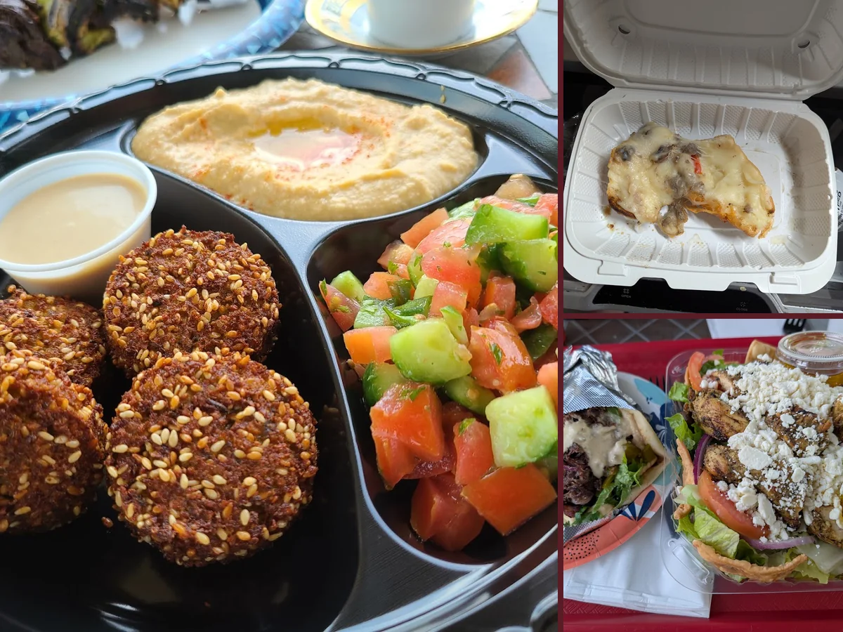 Mediterranean plates on a casual restaurant table.
