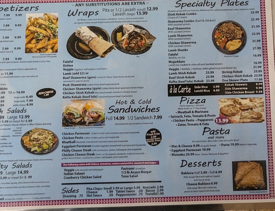 Menu board with wraps, salads, and appetizers.